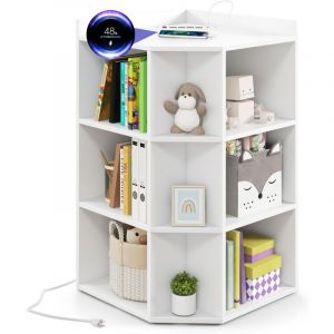 GOPLUS Biblioth&egrave;que d'angle avec Station de Charge, 4 Prises, 2 USB, 3 Niveaux avec 9 Casiers pour Jouets, Livres, Organisateur de Rangement d'angle