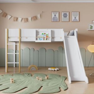 Lit mezzanine 90x200 cm avec échelle droite à 3 marches, lit mezzanine enfant avec toboggan, étagère amovible, blanc et naturel