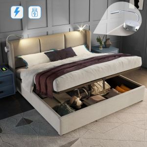 Lit coffre 160x200 cm, avec 2 lampes de lecture, hydraulique, fonction de recharge USB, lit adulte avec t&ecirc;te de lit capitonn&eacute;e en tissu lin
