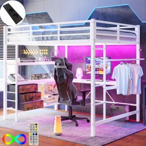 Lit mezzanine 140x200cm, lit simple LED, m&eacute;tal, lit enfant avec tiroirs, avec bureau et &eacute;tag&egrave;res, USB, sans matelas, blanc