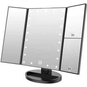 Miroir de maquillage avec 21 LED, grossissement 1x/2x/3x, miroir de maquillage pliable &agrave; trois volets, miroir de voyage rechargeable (noir)