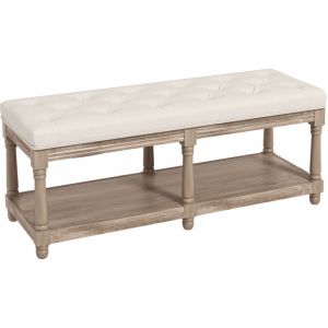 Banc banquette capitonn&eacute;e 2 niveaux &eacute;tag&egrave;re 115 cm Bout de lit Rembourr&eacute;e en lin pi&egrave;tement Bois sculpt&eacute; Lin Beige