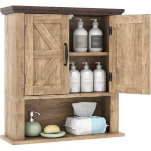 COSTWAY Armoire Murale Salle de Bain, Meuble WC Suspendu avec 2 Portes, &Eacute;tag&egrave;re R&eacute;glable, Compartiment Ouvert, Style Ferme, Placard de Rangement pour