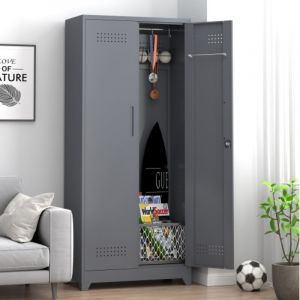 Armoire de rangement pour balais avec portes verrouillables et &eacute;tag&egrave;res, armoire de rangement m&eacute;tallique de 165 cm de haut avec tringle et crochets