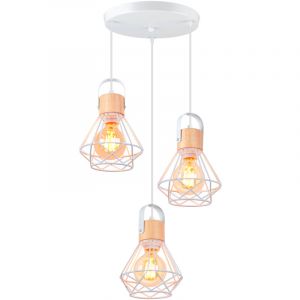 3 Lumi&egrave;res Suspension Luminaire R&eacute;tro Lampe &agrave; Suspension Vintage Plafonnier D'Int&eacute;rieur Moderne En M&eacute;tal Et En Bois Blanc