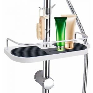 Etag&egrave;re Douche T&eacute;lescopique Poteau R&eacute;glable Alliage d'aluminium avec 2 Crochets, Serviettes Sans Per&ccedil;age Rangement Etagere Salle de Bain Douche,