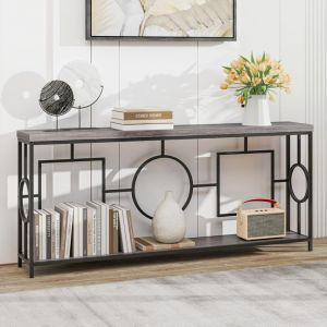 Costway - Table Console Industriel 180 cm, Console Meuble 2 Étagères, Cadre Métallique Robuste, Plateau Épaissi, Motif Géométrique, 180 x 30 x 80