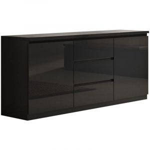 DEYTON - Buffet 2 Portes 3 Tiroirs Laqué Noir Brillant