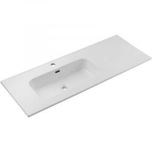Vasque simple 120 cm avec plan int&eacute;gr&eacute; en c&eacute;ramique blanche brillante &ndash; Grand format moderne et pratique