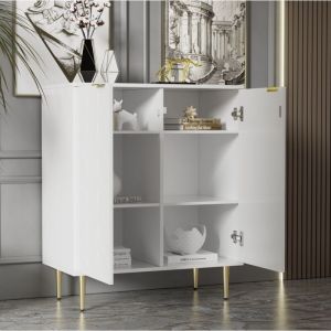 Redom - Buffet avec 2 portes, commode, meuble d'entrée, motif floral, peint, design d'angle antichoc, 3 étagères, 6 compartiments, blanc