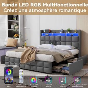 Lit Coffre 140x190 avec Sommier, Lit Double avec 4 Tiroirs de Rangement et led et 2 usb, Tete de Lit et éclairage led, Lit 2 Personnes pour Adultes