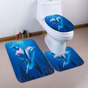 Tapis de bain et moquettes Dauphin Bleu Ensemble de 3 pi&egrave;ces Tapis de bain Housse de si&egrave;ge de toilette et tapis Ensemble de salle de bain Tapis en