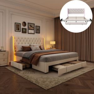 Lit capitonné 140x190 cm velours, avec 3 tiroirs, éclairage led, sommier à lattes en bois massif, nombreux rangements, lit double scandinave - Beige