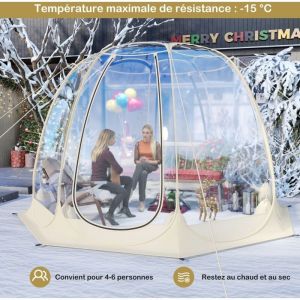Tente Bulle Pop-Up Igloo Transparent en PVC 630&deg; 265 x 265 cm R&eacute;sistant aux Intemp&eacute;ries Abri d'Hiver Pliable pour 5-6 Personnes Beige