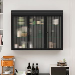 Elément haut de cuisine, Meuble de cuisine avec3 niveaux d'espace de stockage et et motif tissé, 90x19x70cm, Noir