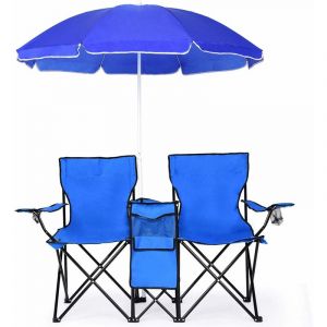 GOPLUS Chaise de Camping Pliante 2 Places avec Parasol, Poche Isotherme et Porte-gobelet，Fauteuil de Jardin Portable en PVC Ideal pour Randonnee,