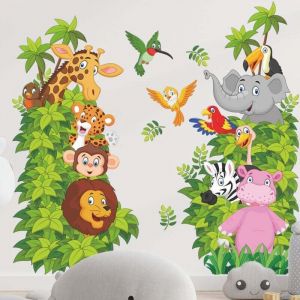 Stickers Mural Animaux de la Jungle Autocollants Muraux Animaux Dessin Anim&eacute; Stickers Muraux ​El&eacute;phant Singe Girafe Lion pour Chambre de B&eacute;b&eacute;