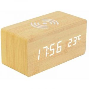 Thermom&egrave;tre Num&eacute;rique R&eacute;veil R&eacute;veil Num&eacute;rique Bois R&eacute;veil &Agrave; Bois LED Digital avec Chargeur sans Fil, R&eacute;veil en Bois avec Chargeur &Agrave; Induction