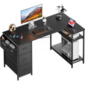HLONONE - Bureau d'angle ergonomique - 3 tiroirs - Noir - 140 x 80 x 75 cm