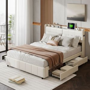 Lit 160x200 cm avec sommier et rangement, cadre de lit avec charge USB, lit double capitonn&eacute; avec 4 tiroirs, facile &agrave; assembler, PU, sans matelas,
