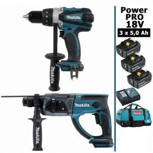 Pack Makita Power PRO 18V: Perceuse 91Nm DDF458 + Perforateur 2J DHR202 + 3 batt 5Ah + sac MAKITA