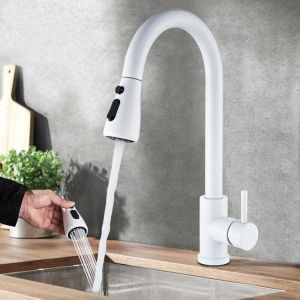 Mitigeur de Cuisine avec Douchette blanc Extensible,Robinet Cuisine Rotatif &agrave; 360&deg;avec 2 Modes de Pulv&eacute;risation Monocommande Mitigeur d'&eacute;vier Froide
