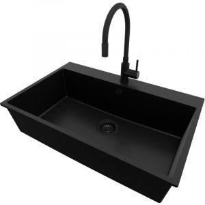 Primagran - Evier Cuisine en Granit 78x50cm, Lavabo 1 bac + Robinet 40x38cm + Kit de Vidage, &Eacute;vier &agrave; Encastrer au meuble 80cm - Riga, Tout Noir