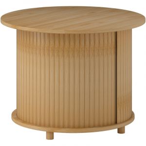 Table basse ronde table de salon en bambou avec rangement cach&eacute; et porte coulissante, dim. &Oslash; 60 x 45H cm, bois naturel
