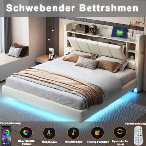 Lit coffre 140 x 200 cm, lit double avec prise usb, bande lumineuse, tête de lit réversible avec rangements et étagères avec petits rangements, tissu