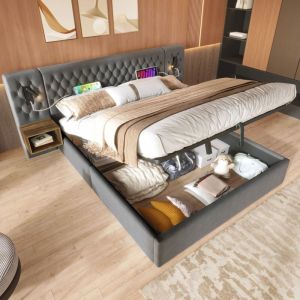 Lit coffre, lit double avec liseuse, velours, sans matelas, usb, 2 armoires de chevet, tête de lit allongée, lit adulte, gris, 160x200cm