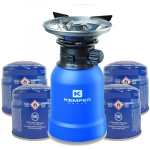 Kemper - Rechaud gaz piezo + 4 Cartouches Rechaud a gaz coque abs Rechaud camping pour cartouche gaz 190g - blue