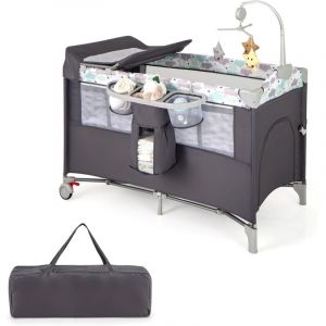 5 en 1 Lit Parapluie Bébé avec Matelas et Table à Langer Amovible, Lit Bébé Évolutif avec Boîte à Musique et Jouets Suspendus, Hauteur Réglables pour