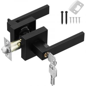 Poign&eacute;e de porte int&eacute;rieure noire avec serrure et cl&eacute; - Poign&eacute;e de porte d'entr&eacute;e carr&eacute;e pour chambre, bureau, gauche ou droite