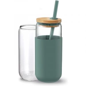 Gobelet isotherme en verre de 590 ml avec manchon de protection en silicone, paille et couvercle en bambou (1 unit&eacute;) (Bleu Cambridge)