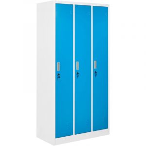 Casier Triple en M&eacute;tal Armoire Vestiaire Gymnase Salle de Sport &Eacute;cole 3 Portes Blanc et Bleu Athlete