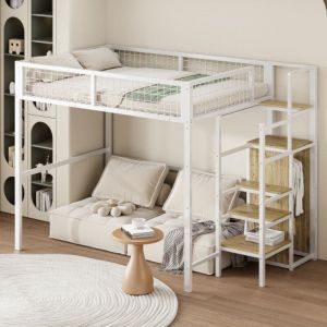 Lit mezzanine adulte 140x200 cm avec escalier, &eacute;tag&egrave;re de rangement, armoire ouverte, barri&egrave;re de s&eacute;curit&eacute;, en m&eacute;tal, sans matelas, blanc