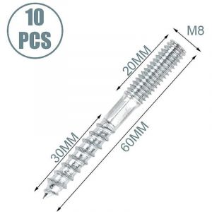 Pack de 10 vis double filetage M8 X 60mm, goujon double filetage, vis de fixation meubles, acier zingu&eacute;