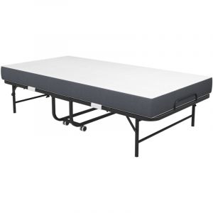 Lit enfant simple pliant 90x190 cm en m&eacute;tal, lit ado, matelas en &eacute;ponge de 9,5 cm, 4 roulettes frein, noir