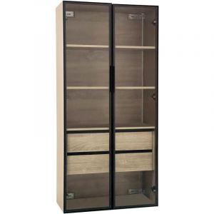 Modfu - Vitrine 2 pièces, armoire, bibliothèque avec éclairage led, 2 grands tiroirs et 2 portes, design fonctionnel - largeur 73 cm.