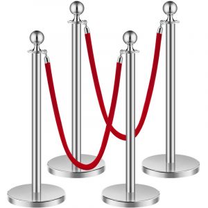 Poteau de guidage, 4 pcs, barriere de balisage pour controle de foules, avec base creuse, 2 cordes velours rouge et poteaux argentes en acier inox,