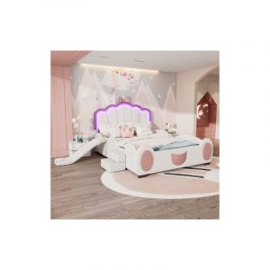 Wishdor - Lit enfant 140&times;200 cm avec toboggan et &eacute;chelle, t&eacute;l&eacute;commande led, sans matelas, rose et blanc