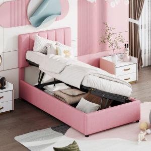 Lit enfant coffre 90x200 rembourré - Mécanisme hydraulique - Tissu lin doux peau - Coloris rose - Sommier inclus (sans Matelas)