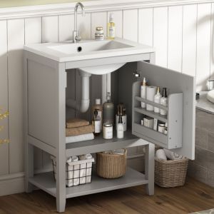 Meuble sous-vasque simple 60 cm avec vasque en c&eacute;ramique et meuble de rangement, &eacute;tag&egrave;res, MDF, gris