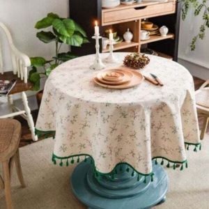 (Beige) Pique-Nique 150cm Round Tablecloth Nappe Ronde Lin Coton imprim&eacute; Fleuri, Nappe Table Ronde &agrave; Franges Lavable, Petite Nappe Ronde Anti Tache
