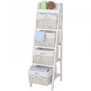 HHG - jamais utilisé] Étagère échelle Goiana, Étagère sur pied avec 4 tiroirs en osier 101x30cm, style shabby, vintage, blanc