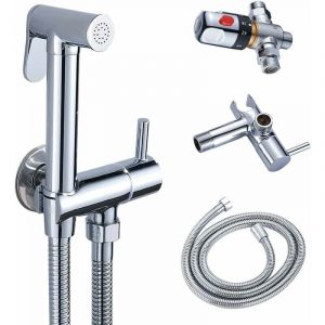 Kit Douchette wc Mitigeur Thermostatique Douchette avce Pulvérisateur à Main pour L'hygiène Intime Anti-brûlure en Laiton Chromé Toilette Bidet Spray