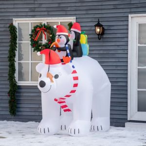 Ours Polaire Gonflable de No&euml;l avec Lumi&egrave;res LED 206cm D&eacute;coration Gonflable de No&euml;l Imperm&eacute;able avec 2 Pingouins