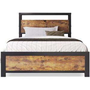 Lit simple 90x200 cm avec tête de lit à rangement et sommier métallique, Lit d'enfant Cadre de lit métallique Pour adultes, enfants, adolescents,Noir