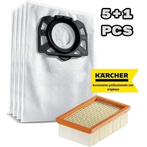 Convient pour Kärcher wd 4, wd 5, wd 6, wd 4290 / 5200 m / 5300 m / 5600 mp Sac filtre à peluches + filtre plat plissé (pack de 5+1) - ZVD