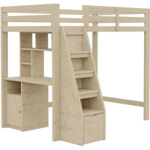 Lit mezzanine simple, avec étagères et placards, échelle de sécurité, iroirs de rangement, 90x200 cm, en bois, couleur bois